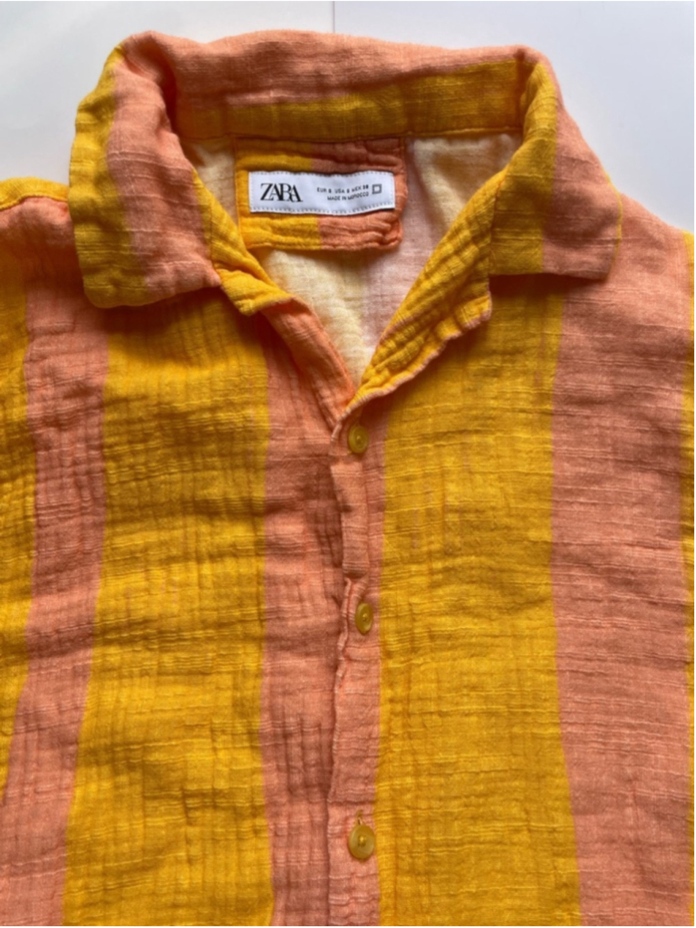 Zara Textured Cotton Stripe Shirt Yellow Peach Short Sleeve Small - Picture 2 of 6